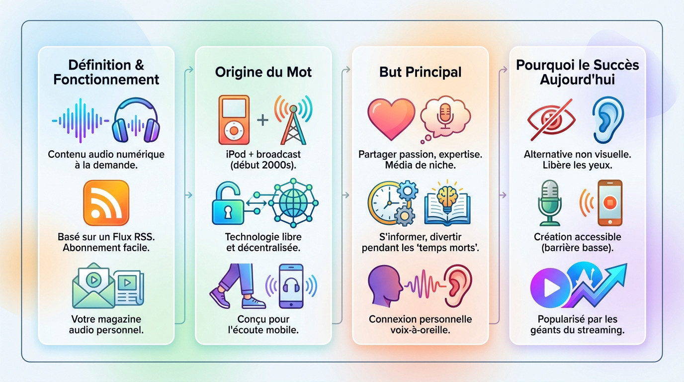 Infographie expliquant le fonctionnement technique et l'origine du podcast